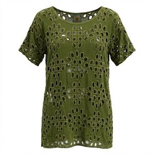 JOHNNY WAS LALLA Green Embroidered Eyelet Tunic Mini Dress Size XS